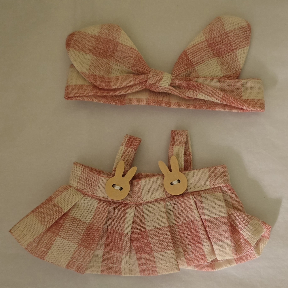 Charming Pink and Cream‎ Plaid Labubu Doll Dress & Headband Outfit
